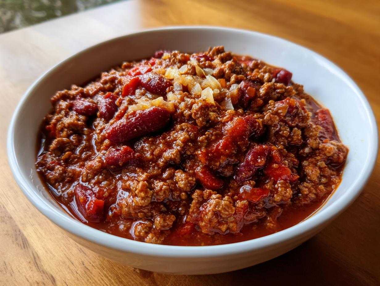 A bowl of hearty homemade chili with ground beef, kidney beans, and diced onions on top.