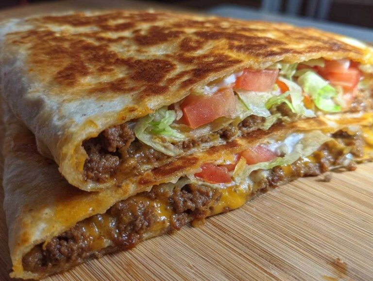 Close-up of a stacked Crunchwrap Supreme, showcasing layers of seasoned beef, cheese, lettuce, tomato, and sour cream.