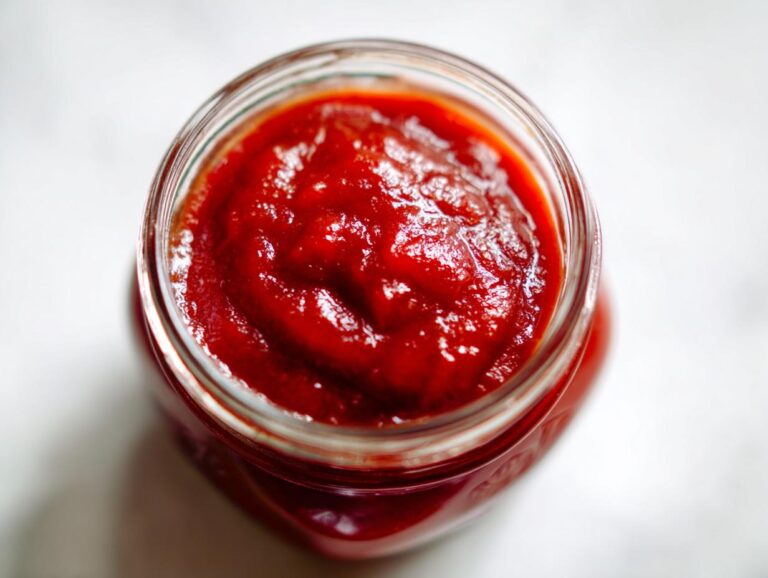 Overhead shot of a jar filled with vibrant red homemade ketchup.