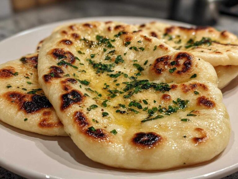 Close-up of freshly baked naan bread, brushed with butter and sprinkled with herbs.