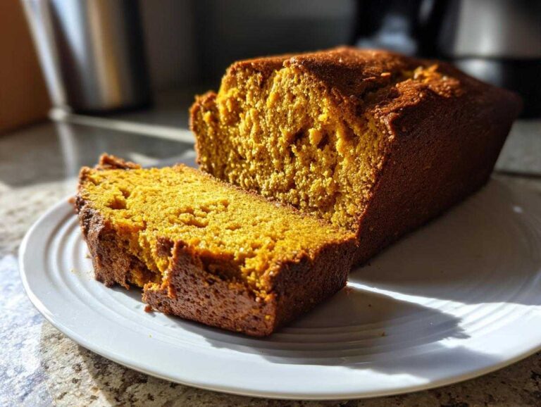 A sliced loaf of easy homemade pumpkin bread on a white plate, showcasing its moist texture and golden-brown crust.