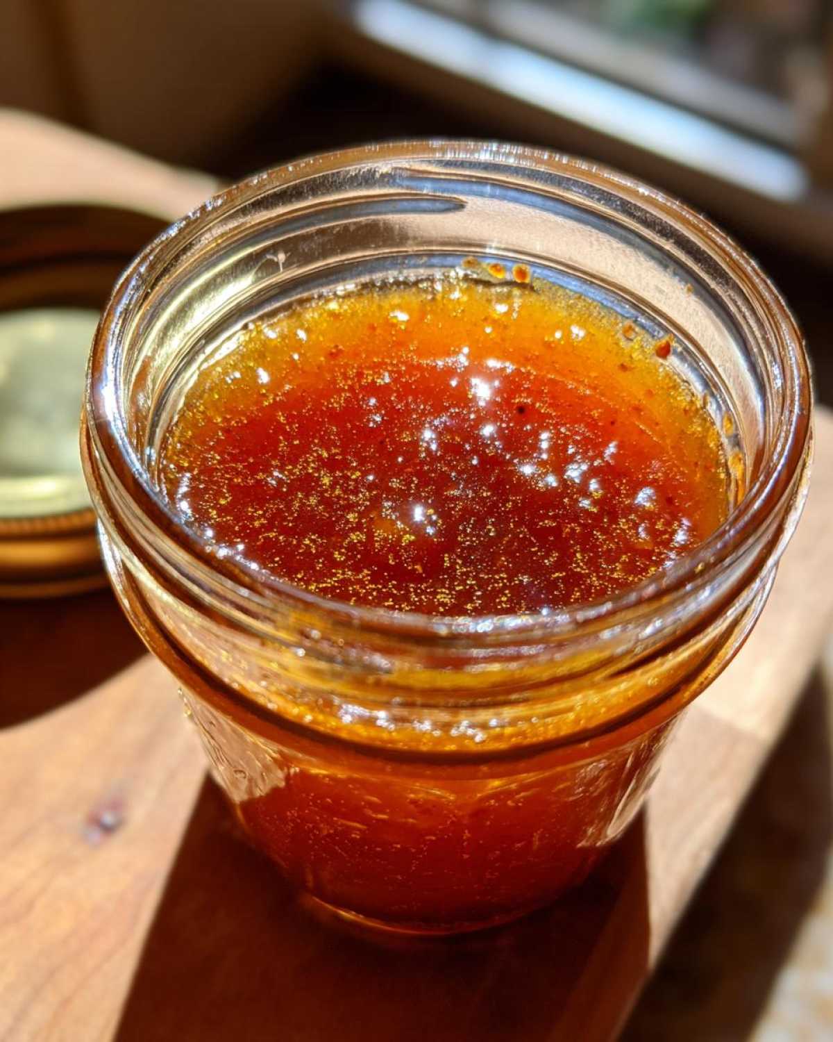 A jar of delicious homemade honey BBQ sauce, ready to glaze your favorite foods.