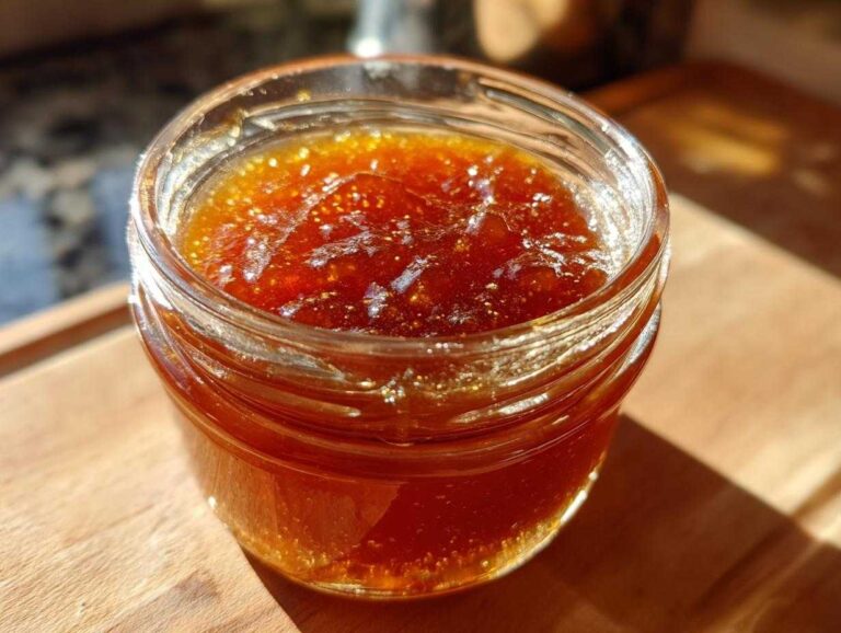 Close-up of homemade honey BBQ sauce in a glass jar, showing its rich color and texture.