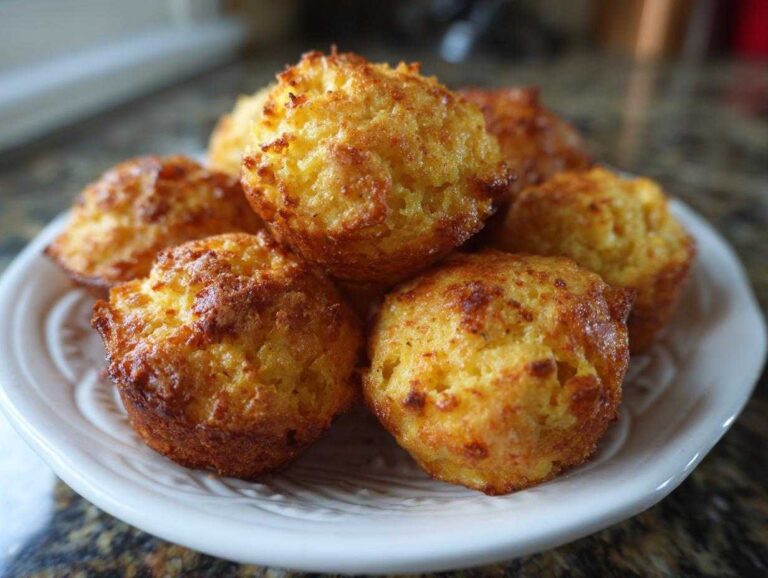 A plate of golden brown honey butter cornbread poppers, fresh from the oven and ready to eat.