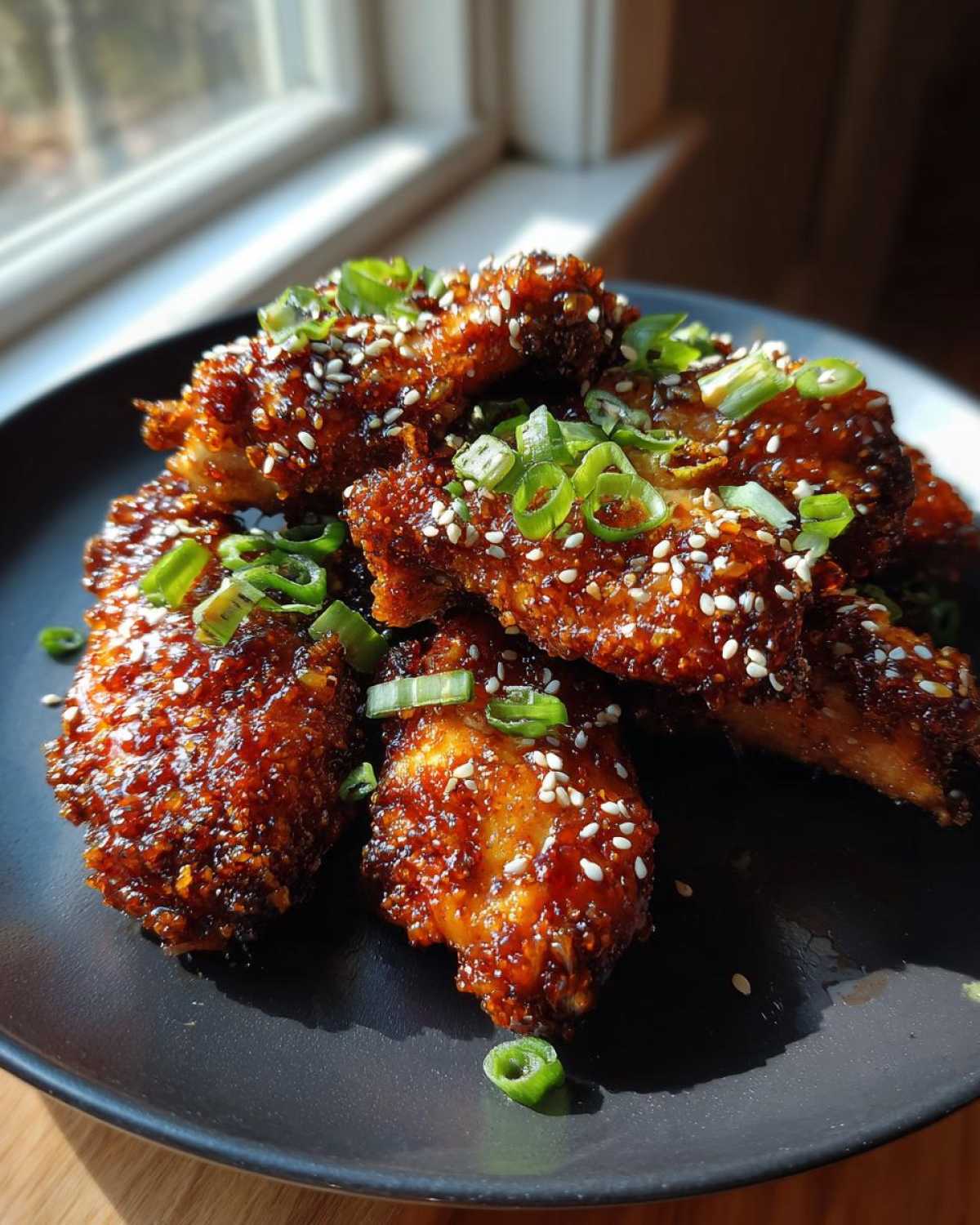 A plate of glistening honey garlic wings, sprinkled with sesame seeds and chopped green onions.