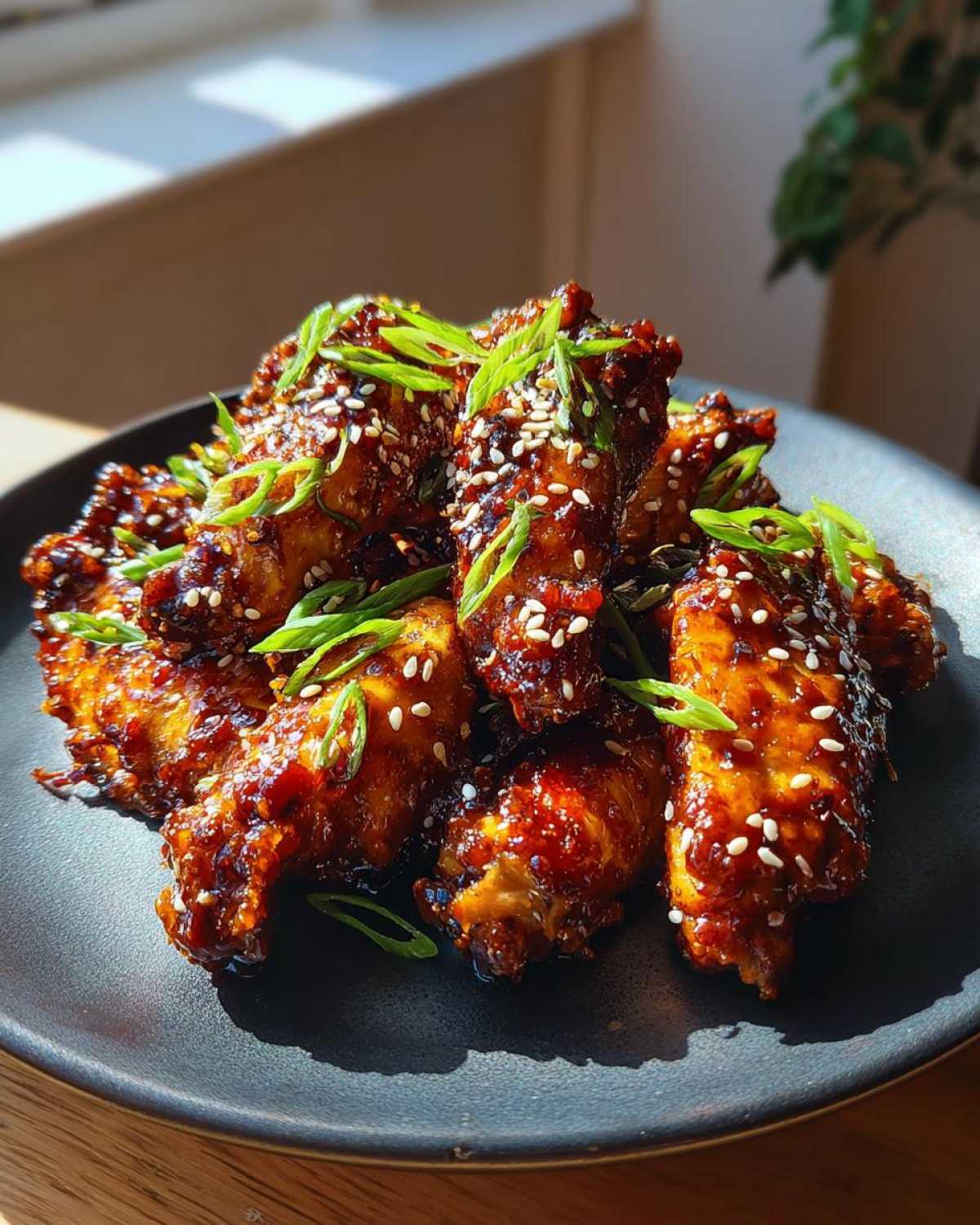 A plate of glistening honey garlic wings, topped with sesame seeds and green onions.