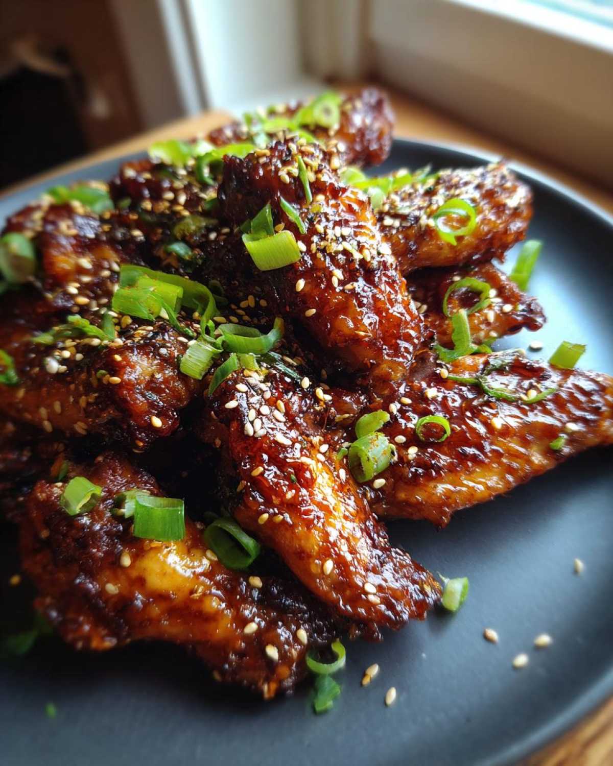 A plate of glazed honey garlic wings, garnished with sesame seeds and chopped green onions.