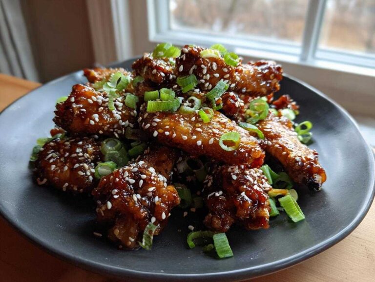 A plate of glistening honey garlic wings, sprinkled with sesame seeds and fresh green onions.