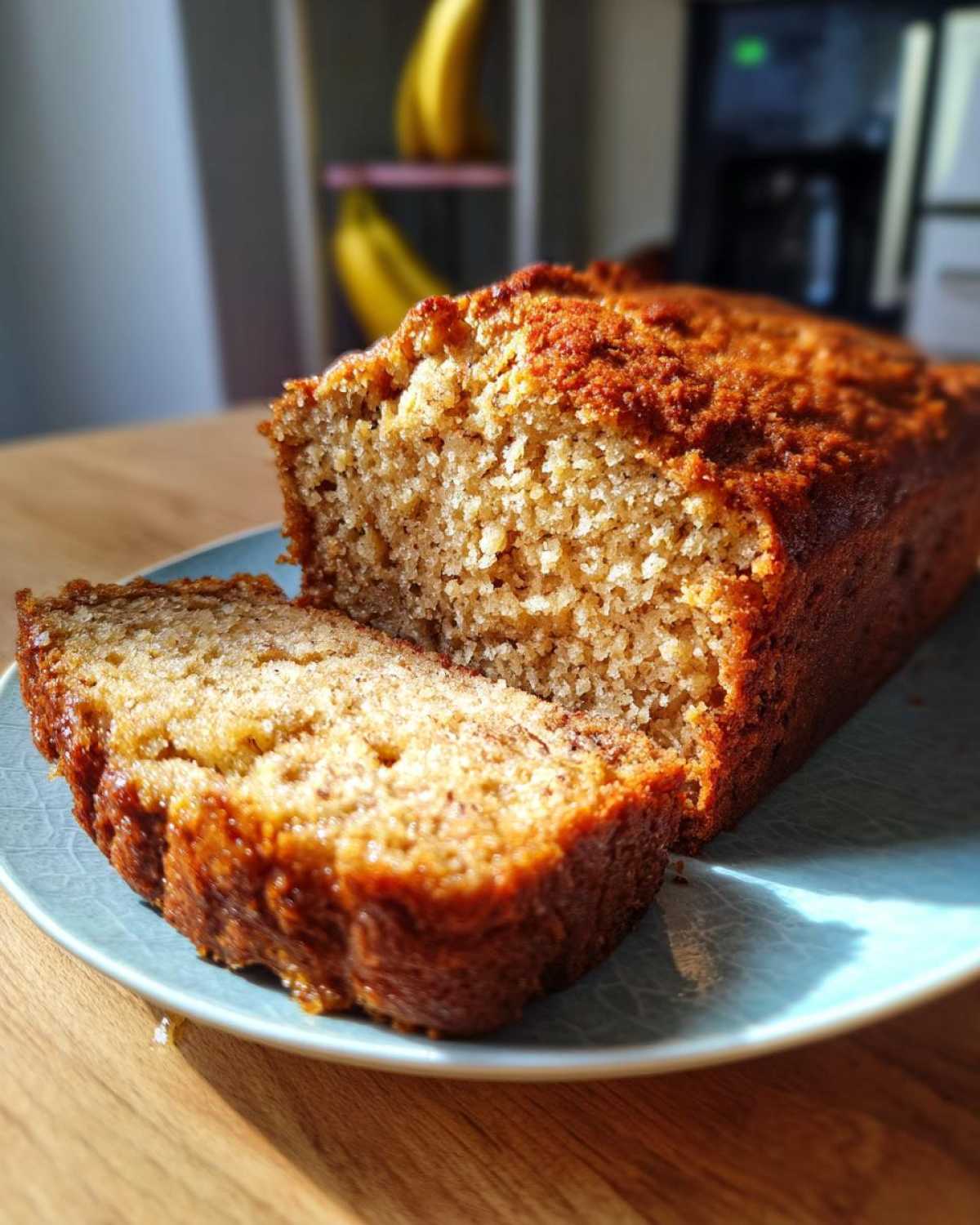 A loaf of honey vanilla banana bread with a slice cut, showing the moist texture. Bananas visible in background.