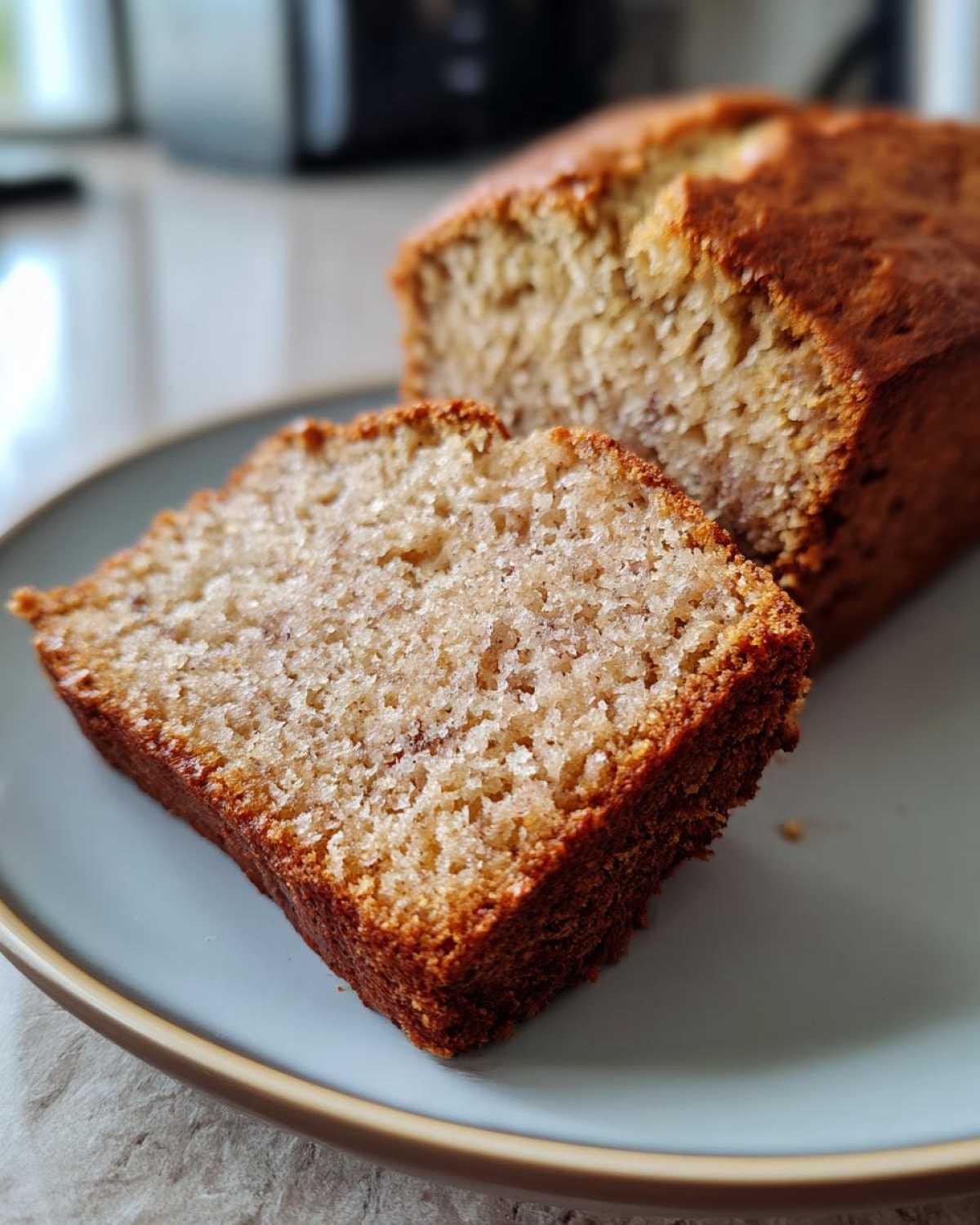 A slice of honey vanilla banana bread on a plate, with the rest of the loaf in the background.