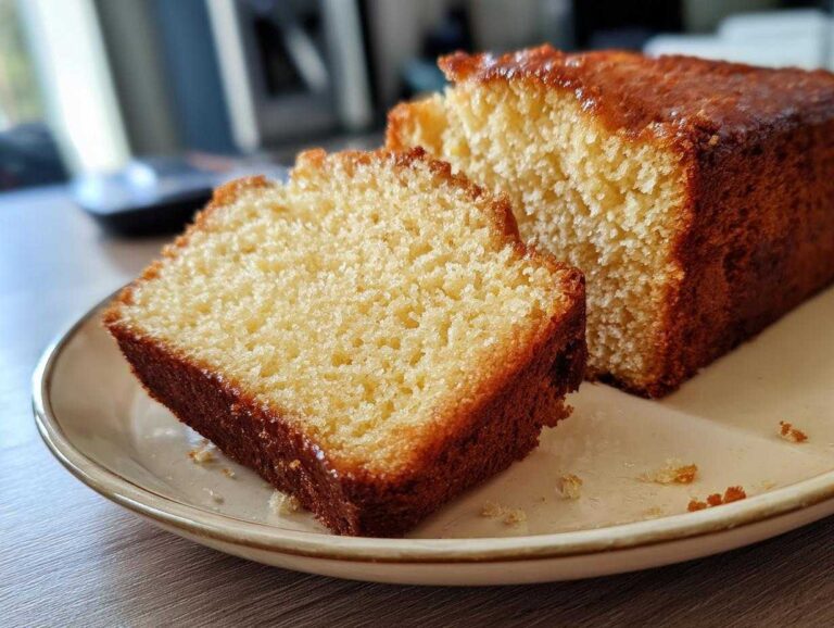 A sliced loaf of honey vanilla banana bread on a plate, showing the moist crumb and golden crust.