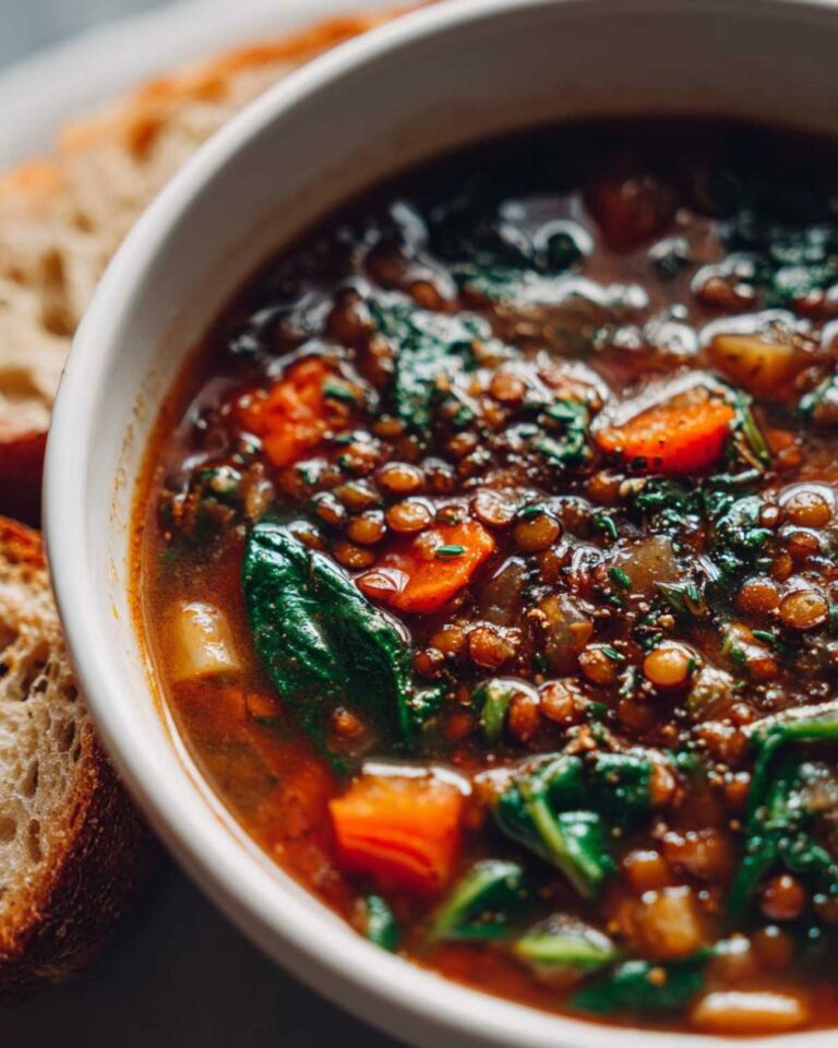 A bowl of hearty Italian lentil soup with lentils, carrots, and spinach, served with crusty bread.