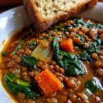 Close-up of a bowl of Italian lentil soup with spinach, carrots, and a slice of crusty bread.