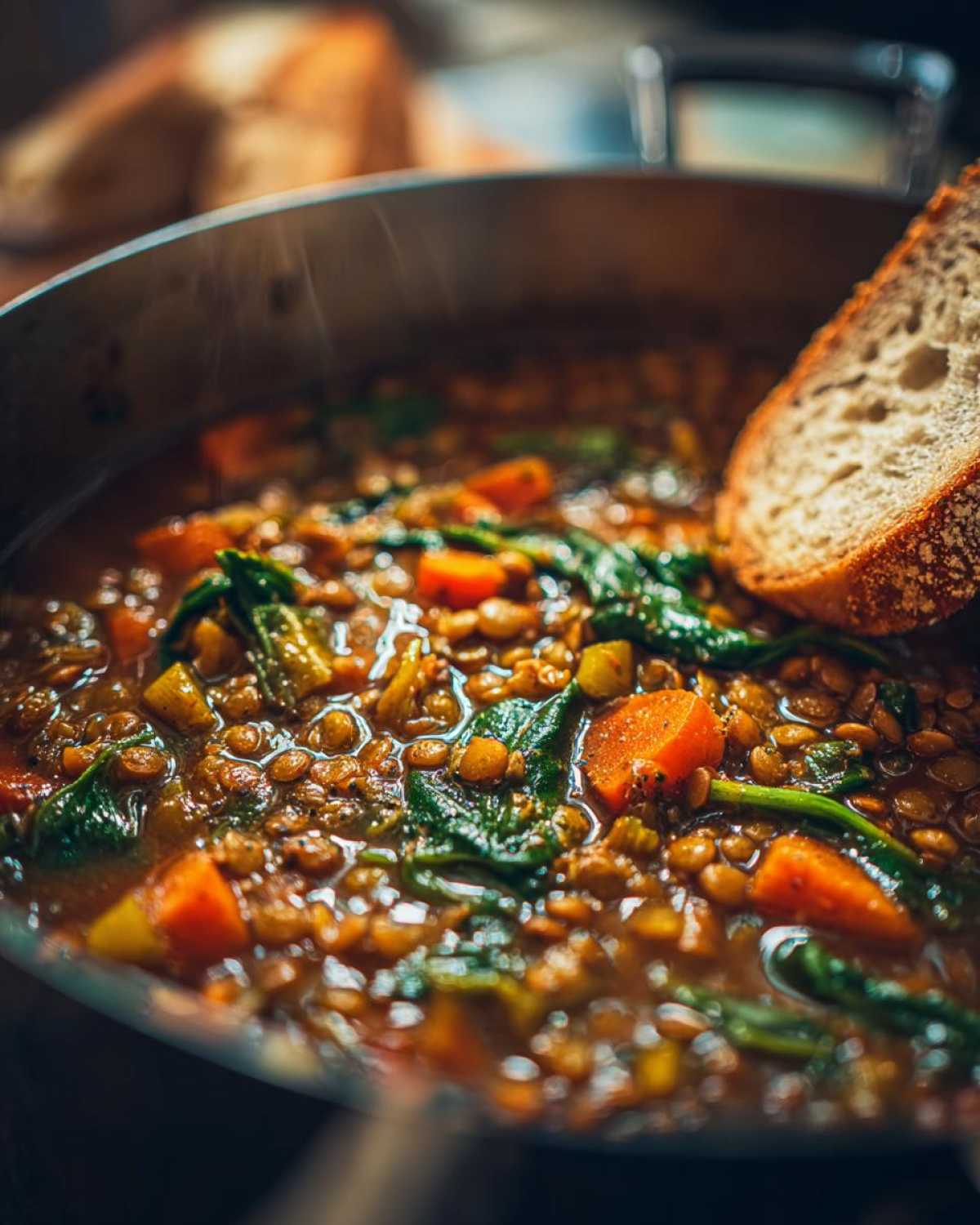 Close-up of a pot of Italian lentil soup with carrots, spinach, and a slice of bread.