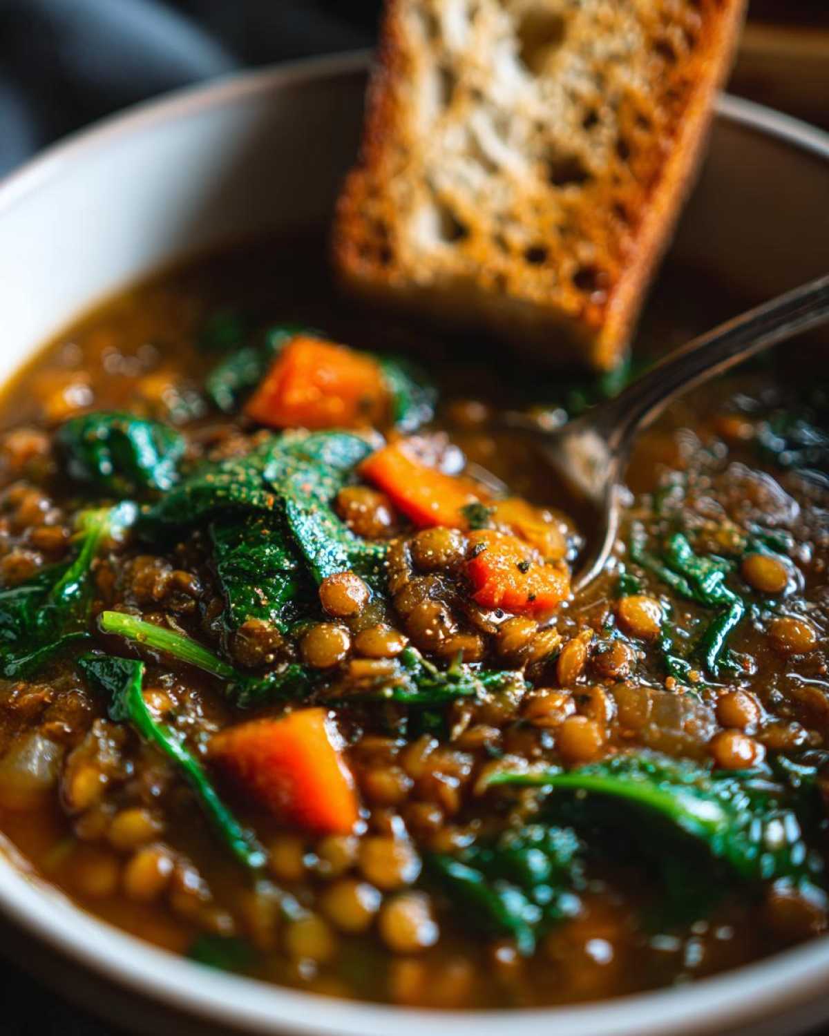Close-up of Italian lentil soup with spinach, carrots, and a piece of toast. Spoon in the soup.