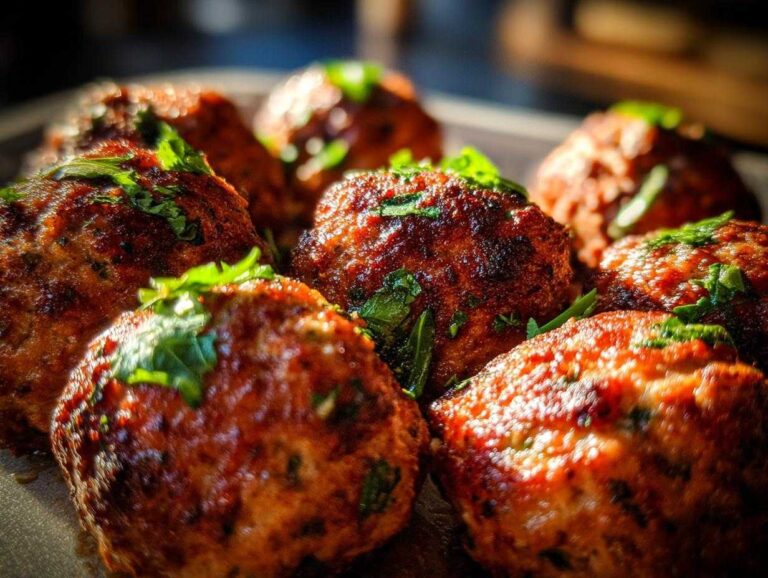 Close-up of Italian oven baked meatballs, garnished with fresh parsley on a serving plate.