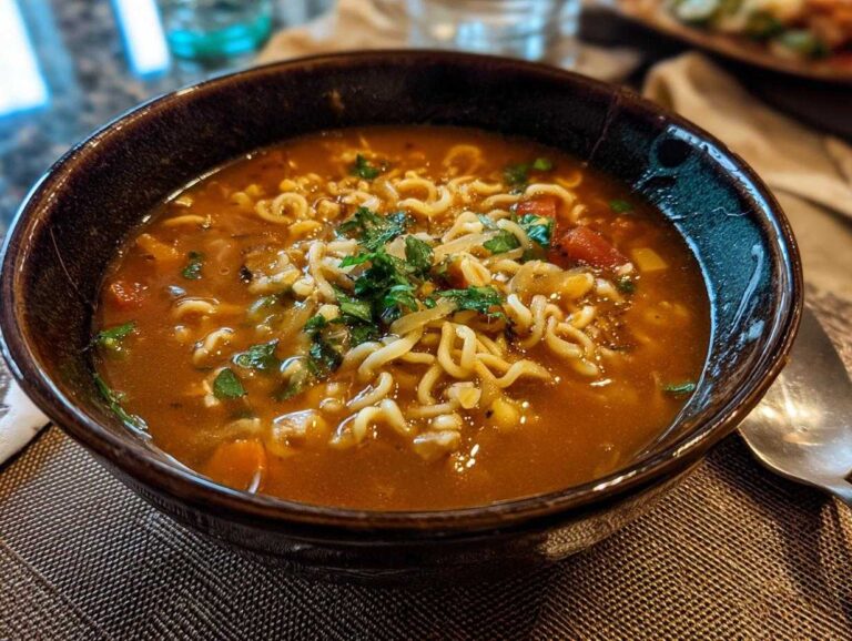 A comforting bowl of Italian pastina soup, garnished with fresh herbs and visible vegetables.