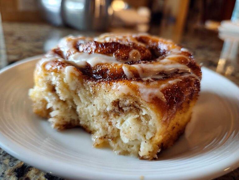 A close-up of a keto cinnamon cream cheese roll up with icing on a white plate.