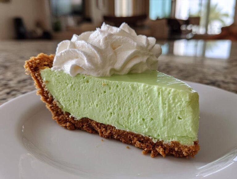 A delicious slice of key lime pie with a graham cracker crust and topped with whipped cream.