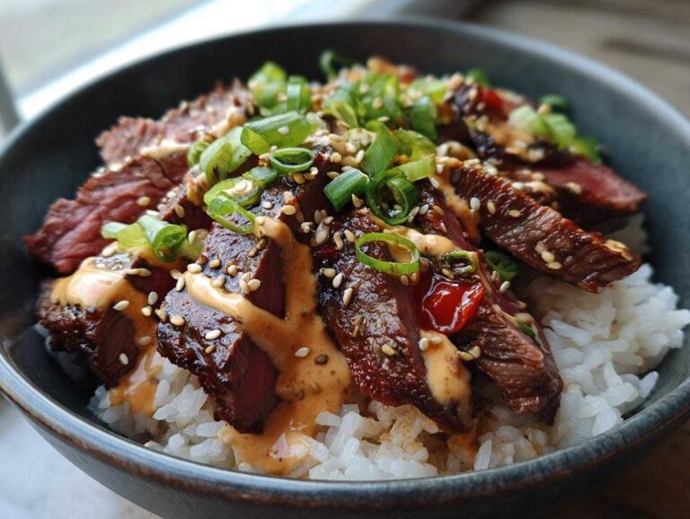 A close-up of a Korean BBQ steak rice bowl with sliced steak, sauce, sesame seeds, and green onions.