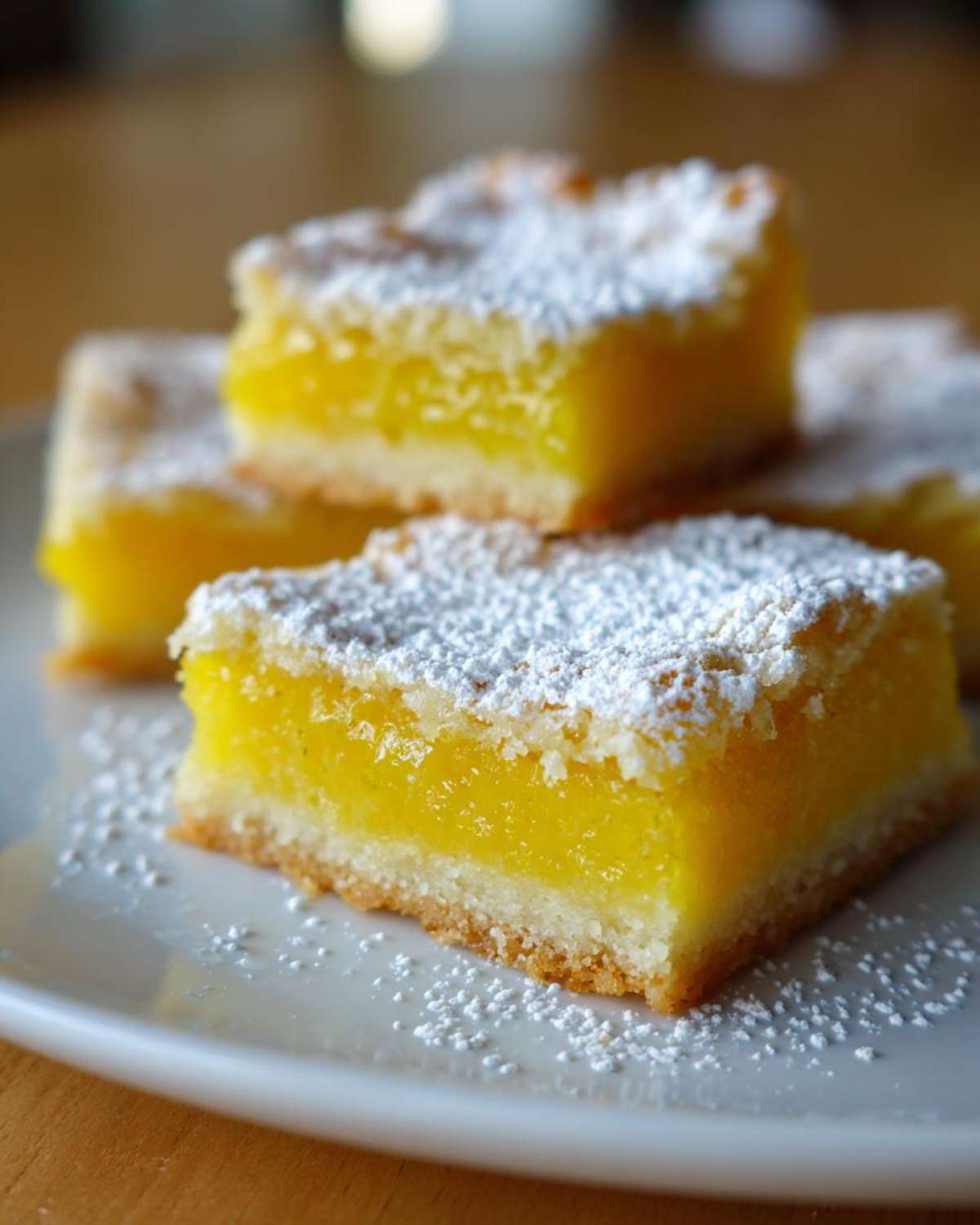 Close-up of lemon bars topped with powdered sugar on a white plate. The bright yellow filling is visible.