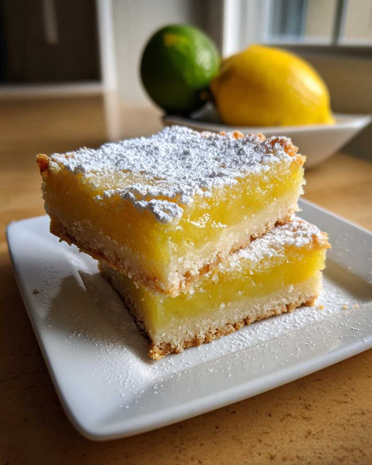 Two lemon bars stacked on a plate, dusted with powdered sugar. Fresh lemon and lime in background.