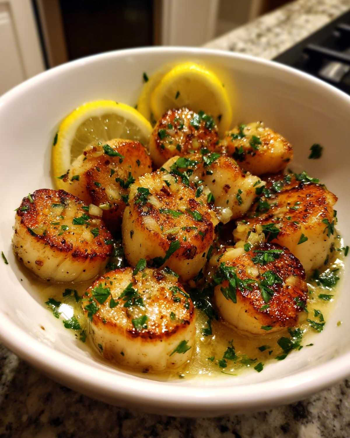 Bowl of perfectly seared lemon garlic scallops with fresh parsley and lemon wedges.