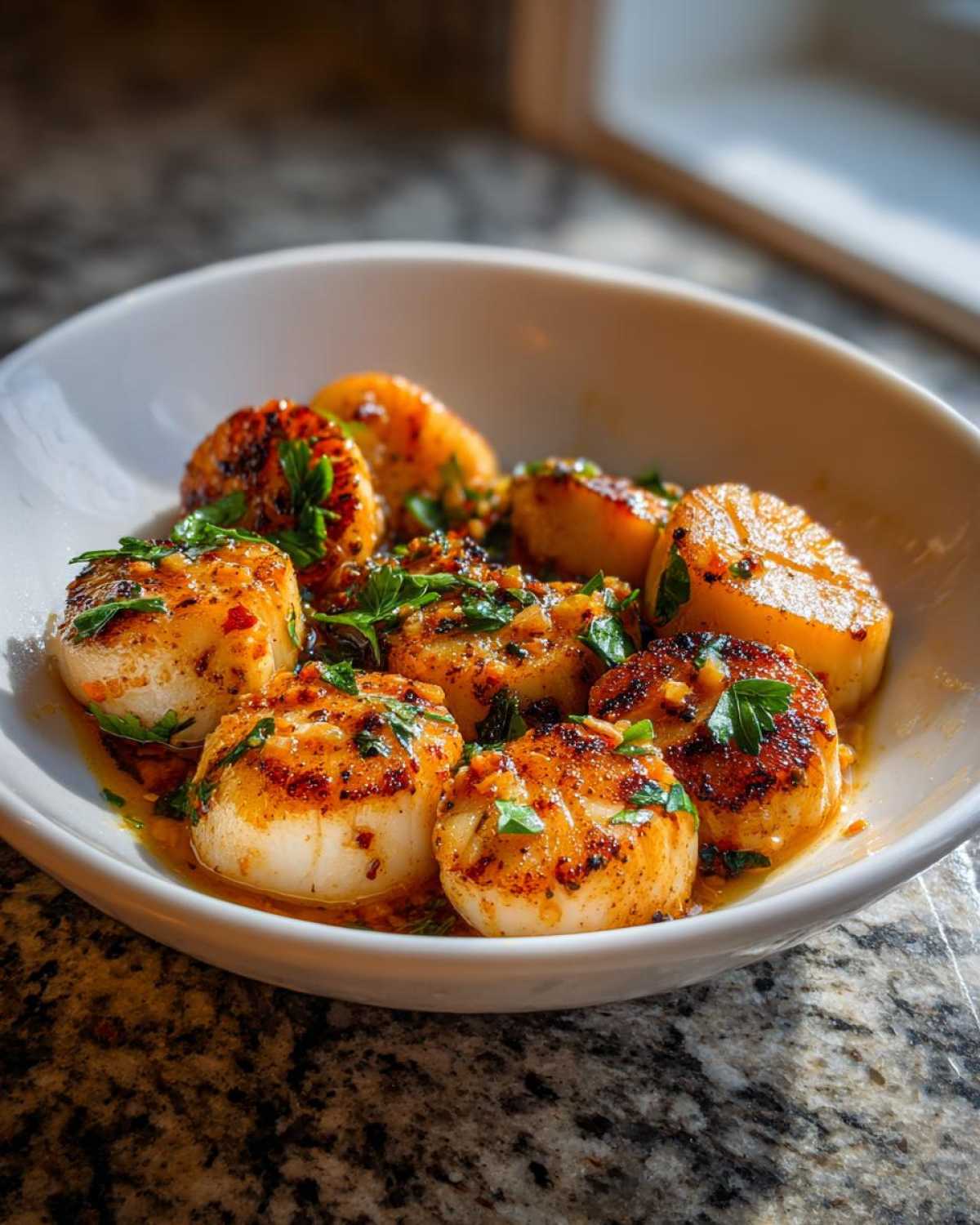 Bowl of perfectly seared lemon garlic scallops, garnished with fresh parsley and a light sauce.