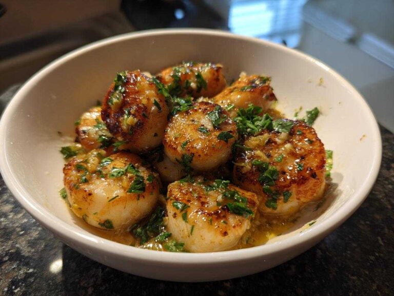 A bowl of perfectly seared lemon garlic scallops, garnished with fresh herbs and glistening with a flavorful sauce.