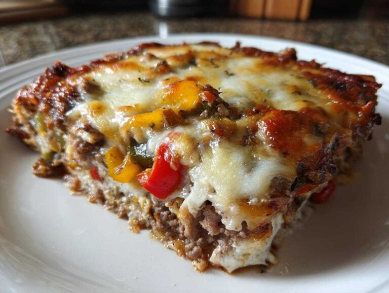 A slice of low carb philly cheesesteak casserole with melted cheese, peppers, and meat on a white plate.