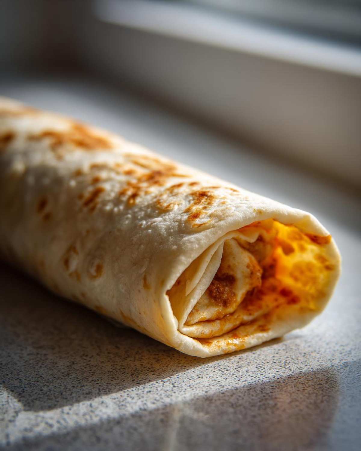 A close-up of a single make ahead breakfast burrito, showing the tortilla and filling.