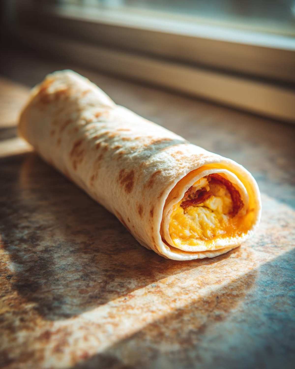 A single make ahead breakfast burrito with visible egg and filling, ready to eat.