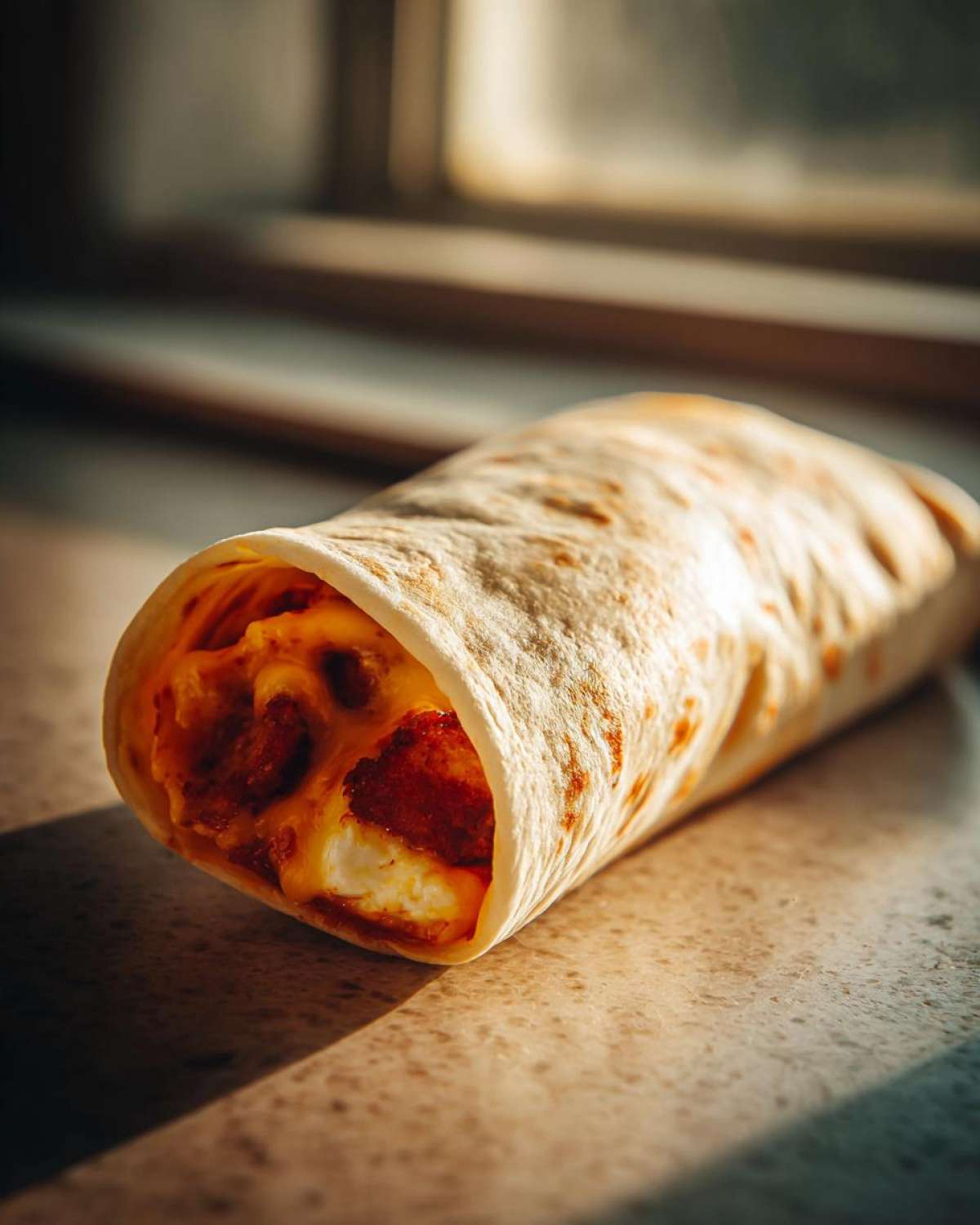 A close-up of a make ahead breakfast burrito filled with eggs, cheese, and other ingredients.