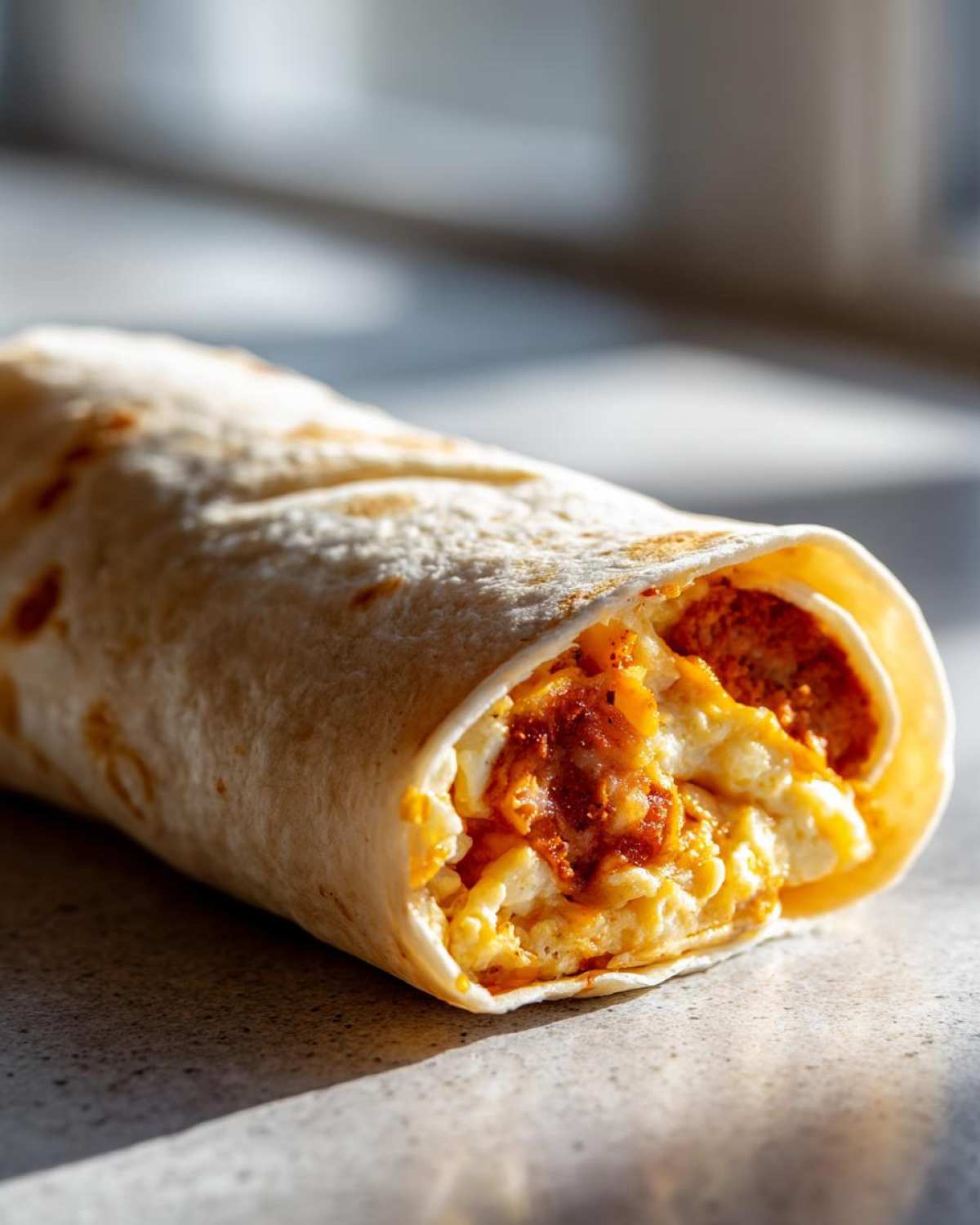 Close-up of a freshly made make ahead breakfast burritos, filled with eggs and sauce.