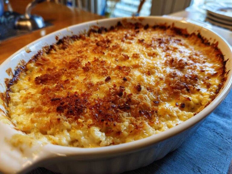 Golden brown Mamaw's chicken and rice casserole in a white oval baking dish, ready to serve.