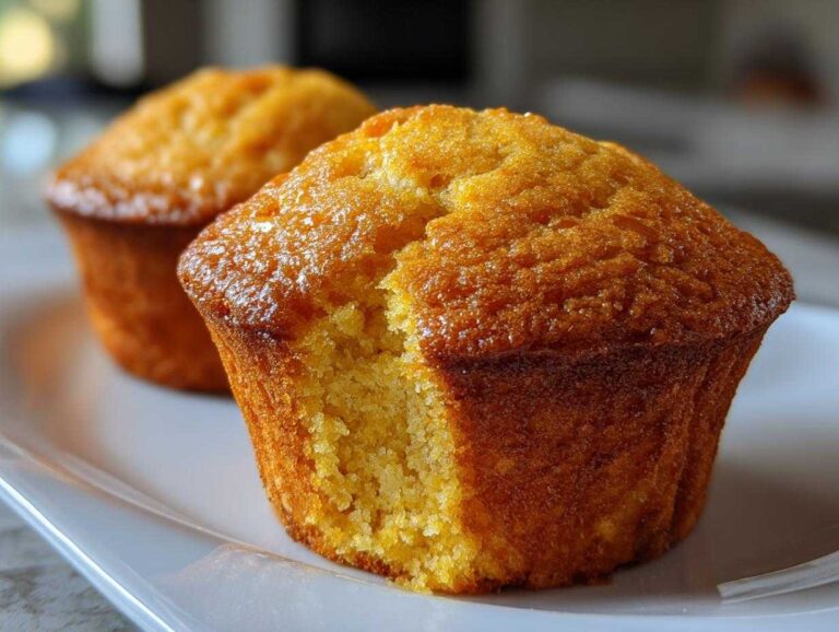 Two maple cornbread muffins on a white plate, one with a piece broken off to show the texture.