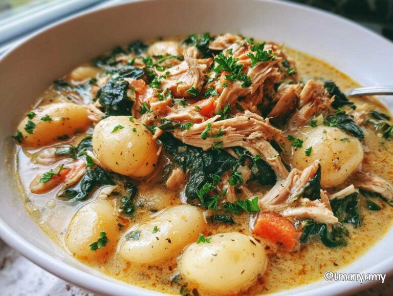 A bowl of creamy marry me chicken gnocchi soup with shredded chicken, gnocchi, spinach, and carrots.