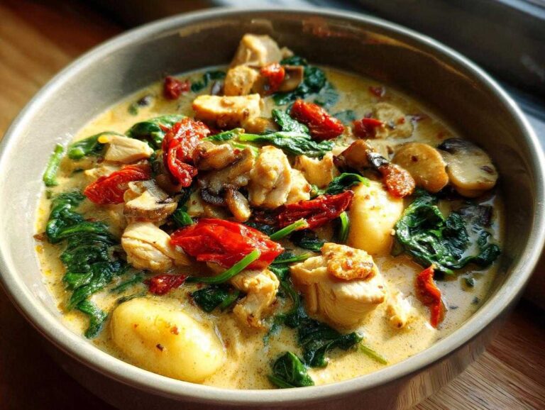 A bowl of creamy Marry Me Tuscan Chicken Gnocchi Soup with chicken, spinach, mushrooms, and sun-dried tomatoes.