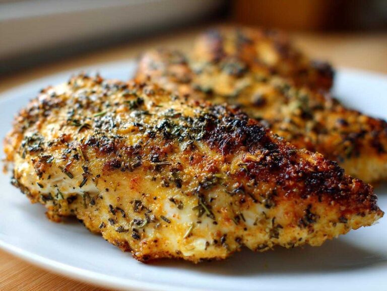 Two pieces of Mediterranean herb crusted grilled chicken on a white plate, showcasing the golden-brown crust.