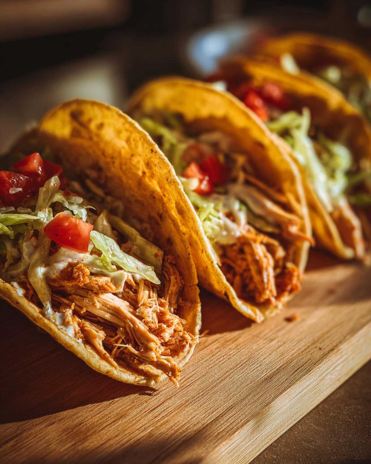 Close-up of crispy mini chicken tacos filled with shredded chicken, lettuce, tomato, and sauce on a wooden board.