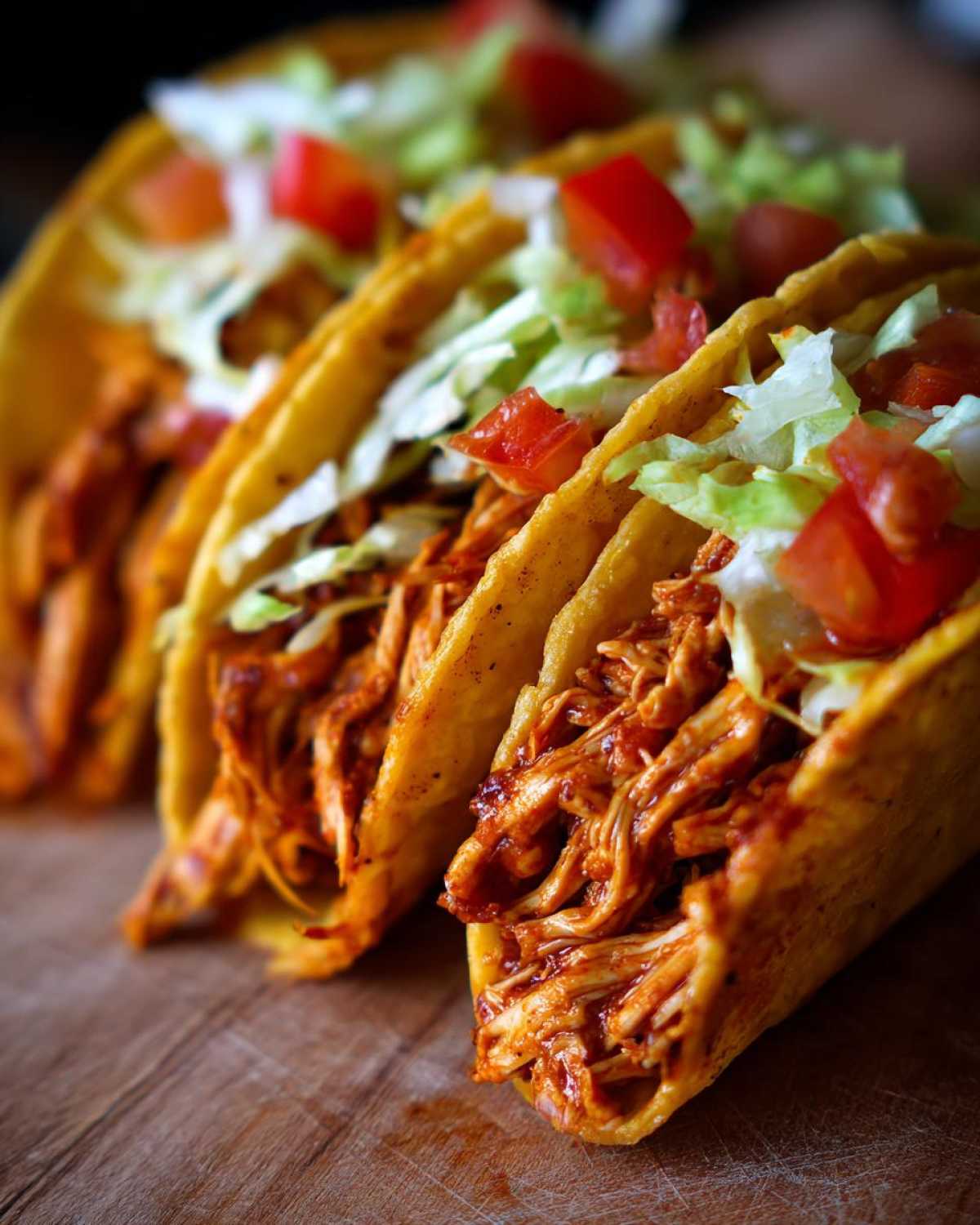Close-up of crispy mini chicken tacos filled with shredded chicken, lettuce, and diced tomatoes.