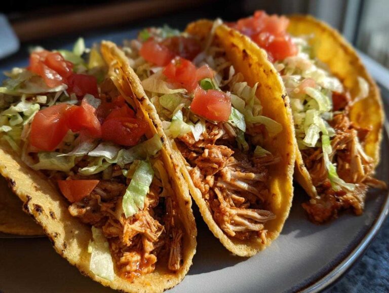 Three crispy mini chicken tacos filled with shredded chicken, lettuce, and diced tomatoes.