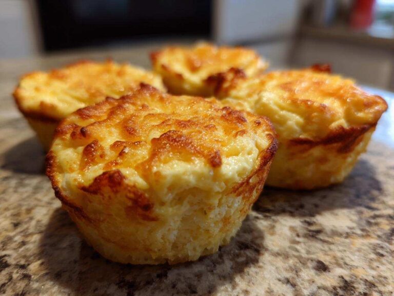 Four golden muffin tin egg bites sit on a speckled countertop, ready to be enjoyed.