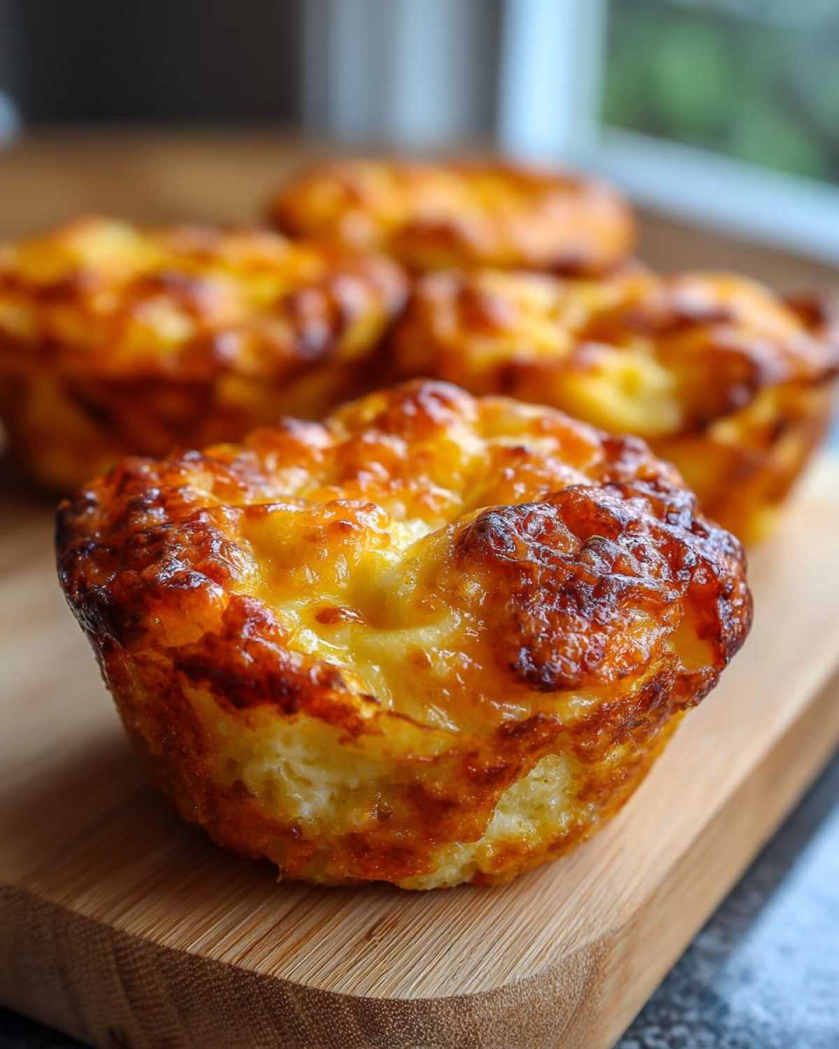 Close-up of golden brown muffin tin egg bites on a wooden board, showcasing their texture and color.