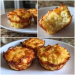 Three images showing golden muffin tin egg bites on a white plate, one with a bite taken out.