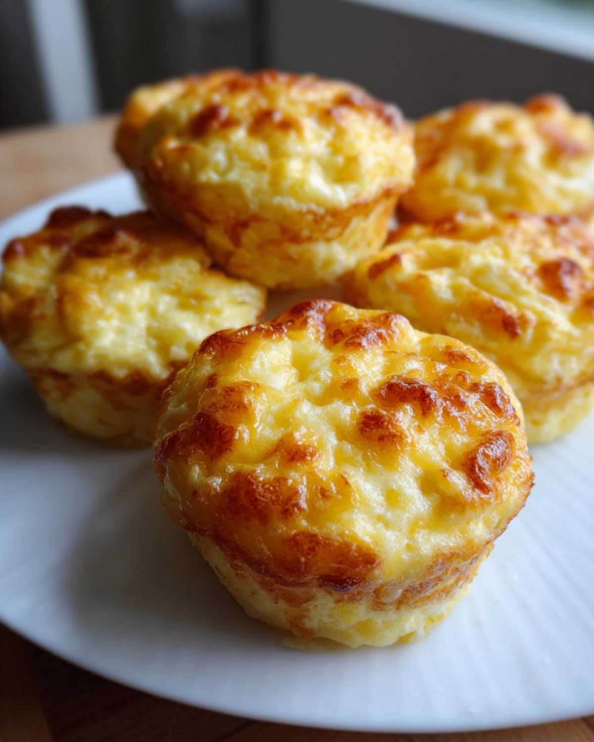 A plate of golden brown muffin tin egg bites, baked to perfection and ready to eat.