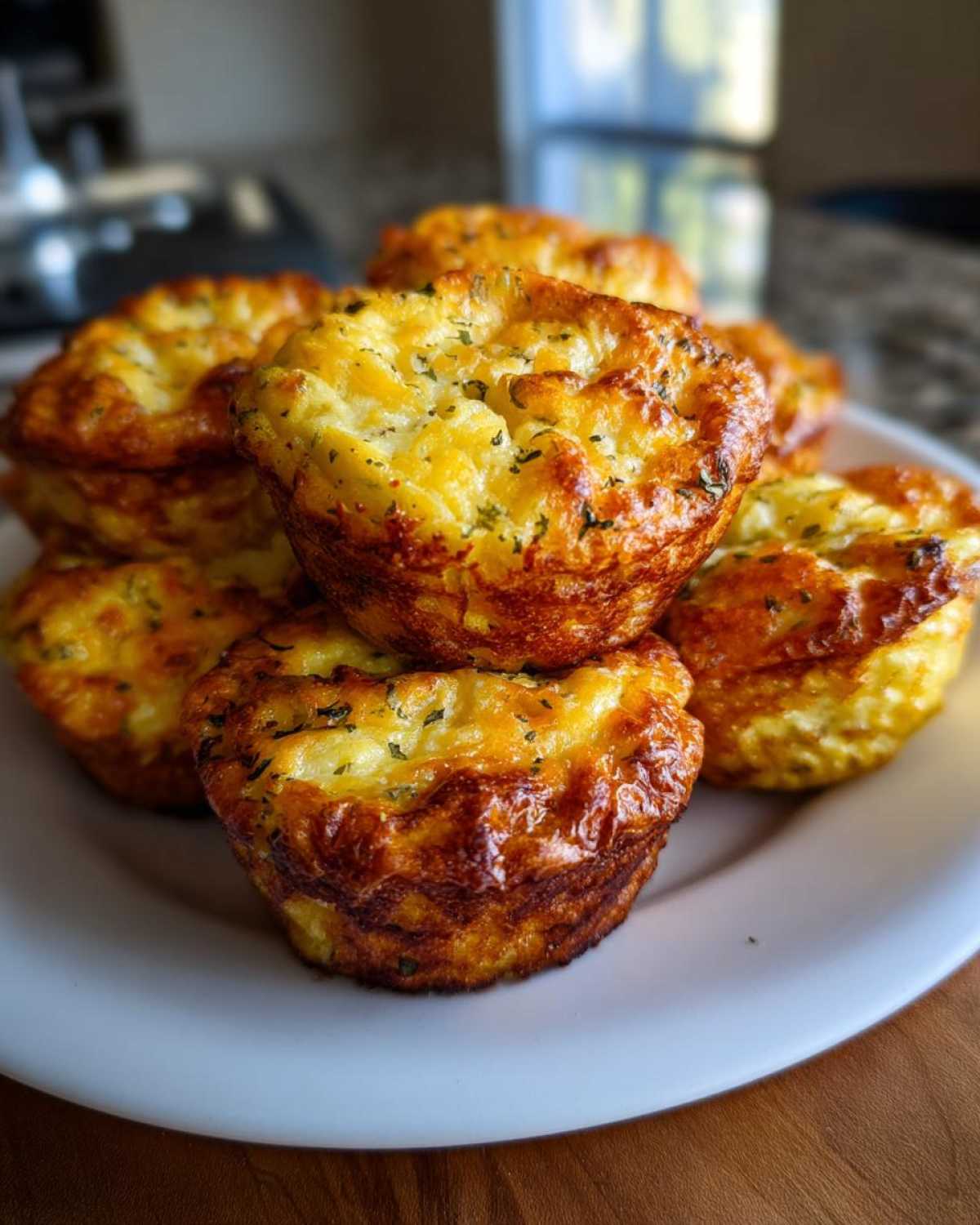 A stack of golden brown muffin tin egg bites, fresh from the oven and ready to eat.
