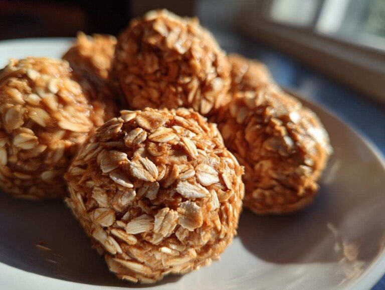 Close-up of no bake protein balls coated in oats on a white plate, ready to eat.