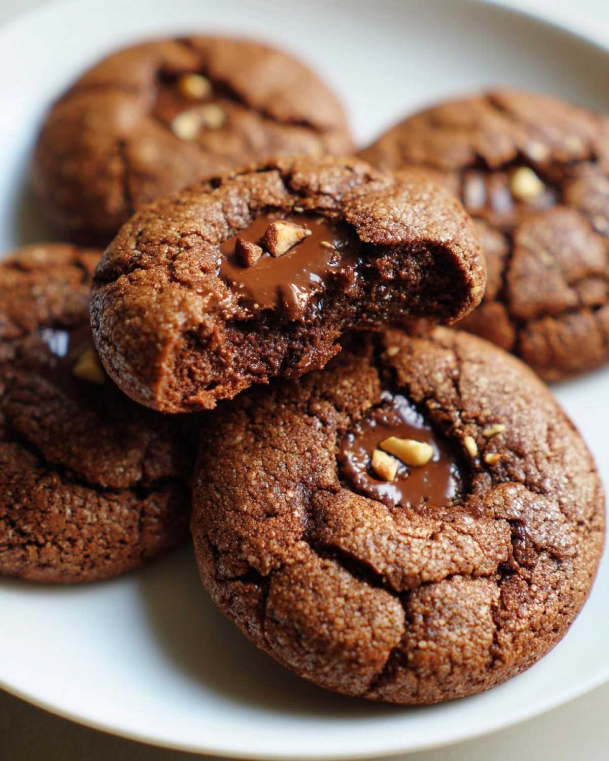 A plate of delicious Nutella cookies, one with a bite taken out revealing the gooey center.