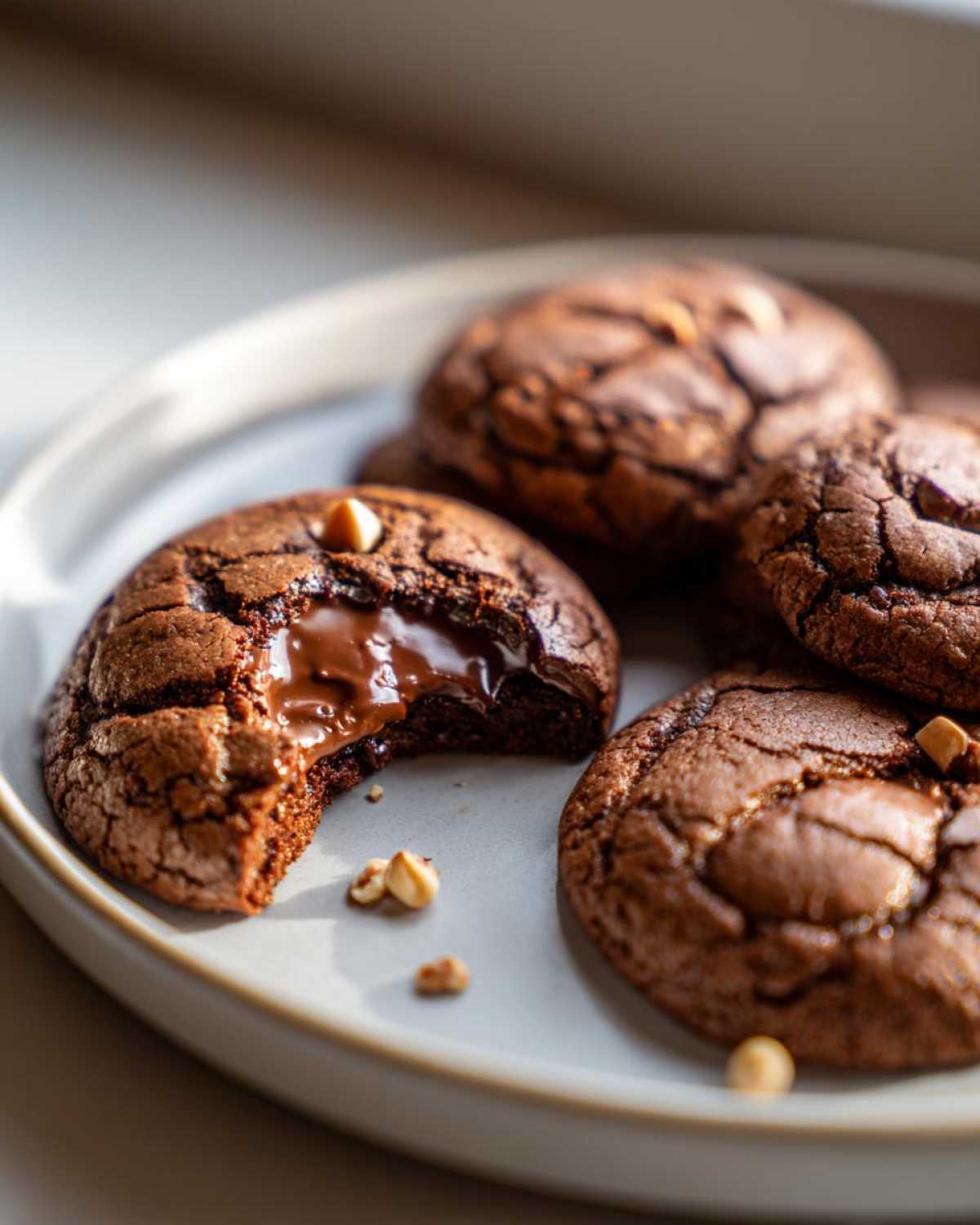 A plate of Nutella cookies, one with a bite taken out revealing a gooey center.